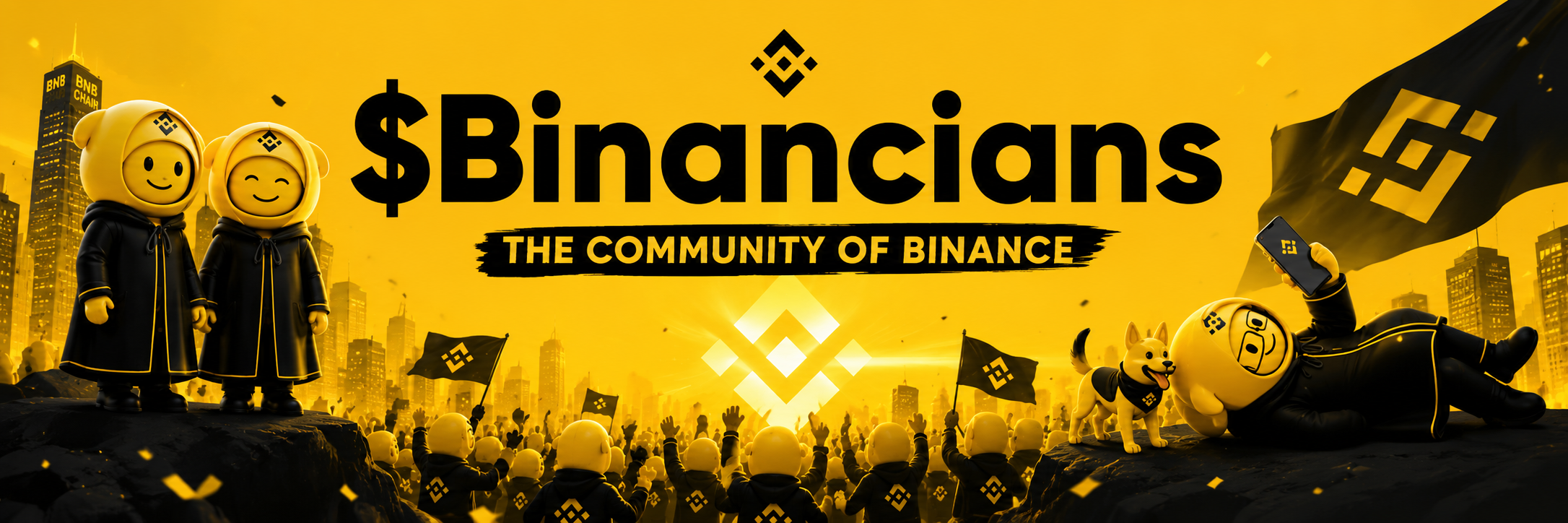 Wide Binancians community banner with a crowd of Binancians under a Binance-yellow sky